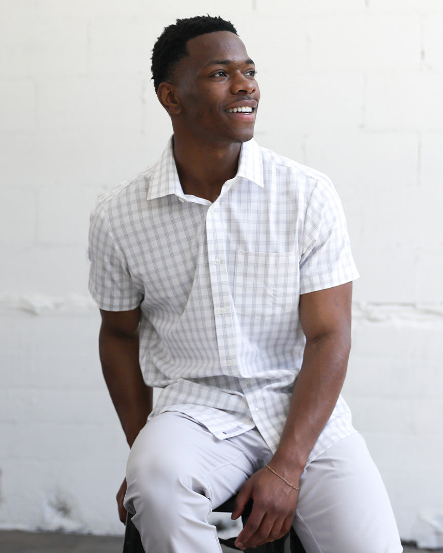 Phenom Classic Grey Tartan Short Sleeve Dress Shirt