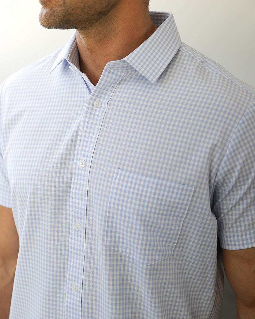 Phenom Classic Light Blue Gingham Short Sleeve Dress Shirt